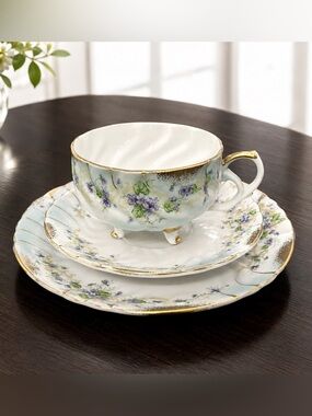 Lefton’s Heirloom Violet Gilded China Dessert Plate Set 3 Piece Tea Cup Saucer